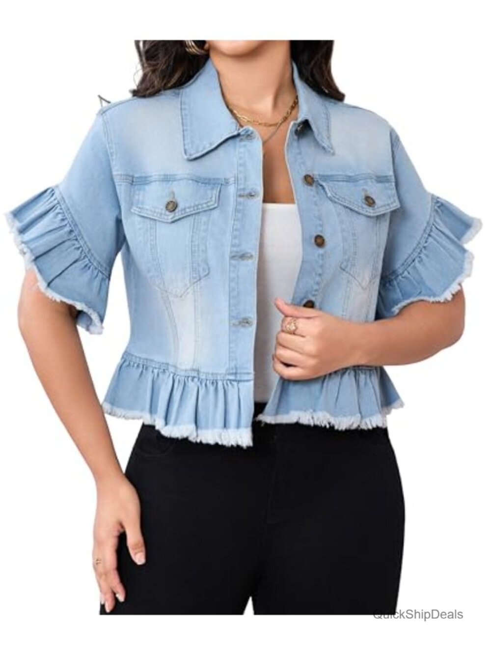 Women's Camo Denim Jacket Frayed Hem Distressed Trucker Coat Button Down
